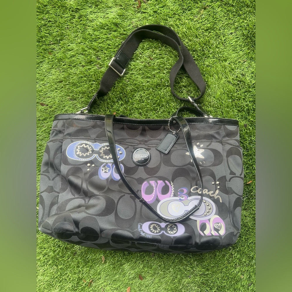 COACH POPPY APLIQUE Diaper Bag Travel Tote Black Purple Rare Authentic Baby